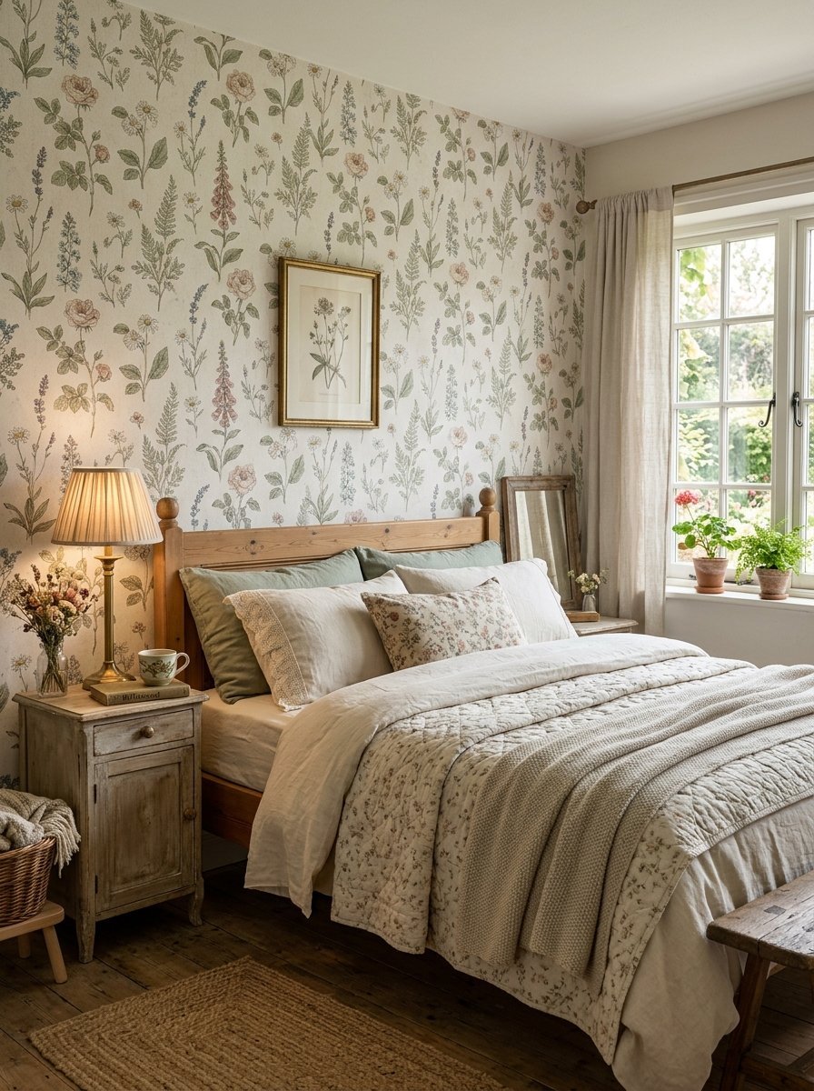 Vintage wooden bed frame against floral patterned wallpaper in a sunlit farmhouse bedroom.