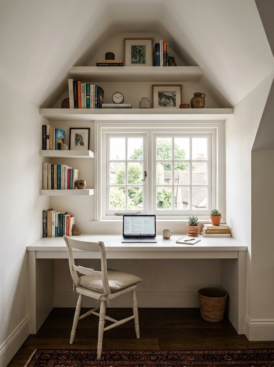 A white home office desk positioned under a window with floating shelves filled with books and decor.