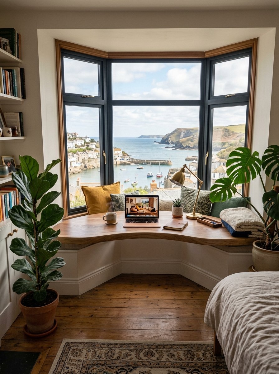 Laptop on a wooden window seat overlooking a harbor town with lush potted plants on both sides.