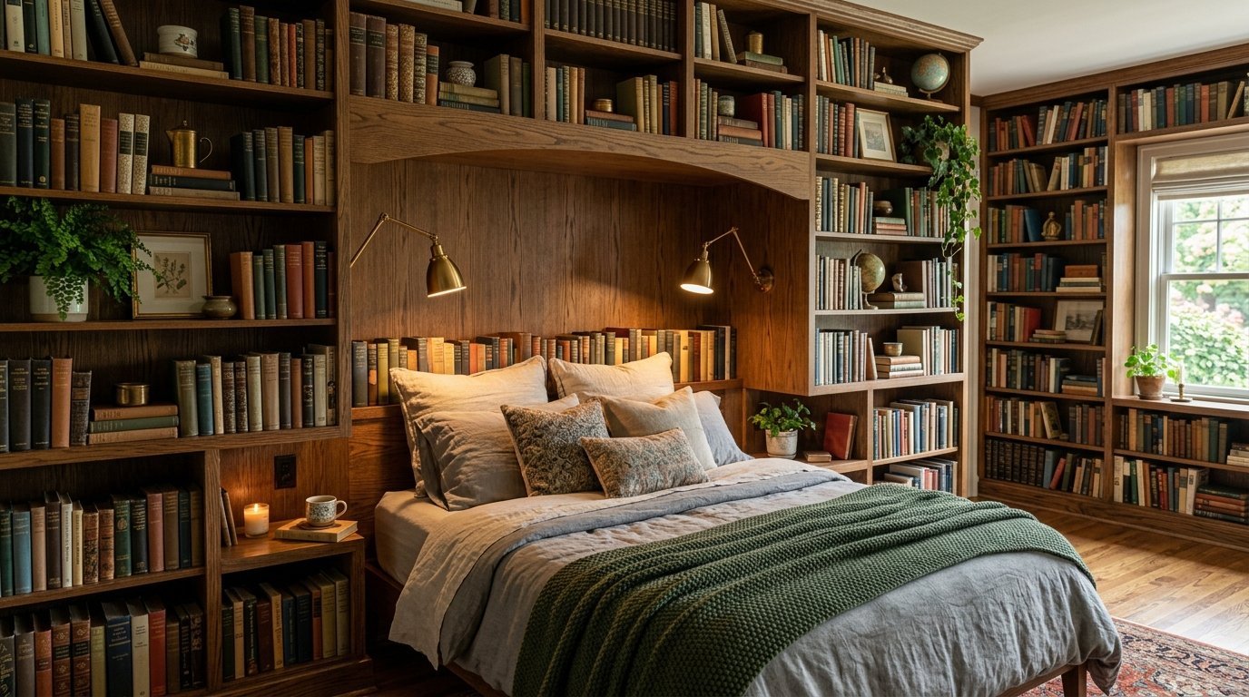 A bedroom featuring a bed built directly into a large wooden bookcase filled with books and plants.