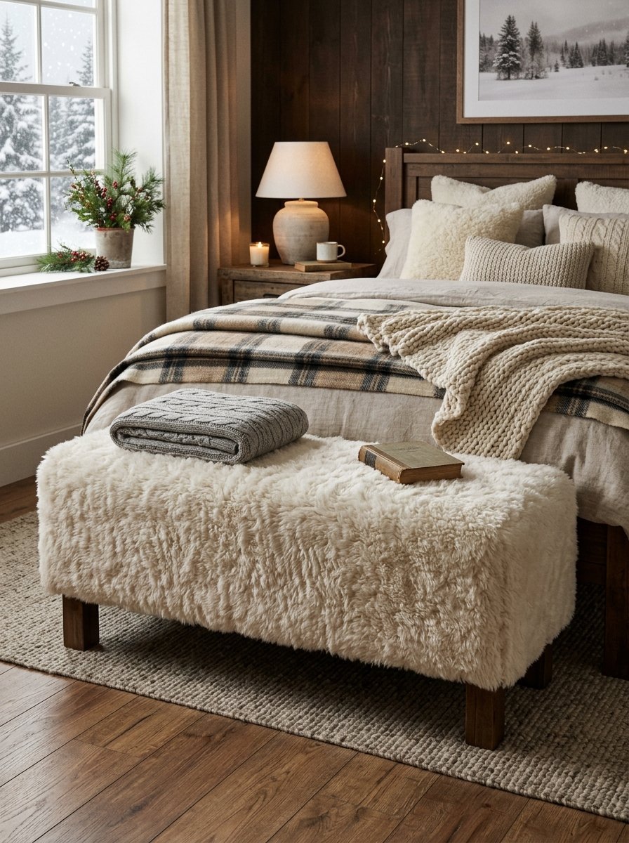 Cream colored faux fur ottoman positioned at the foot of a layered, plaid-blanket bed in a cabin style room.
