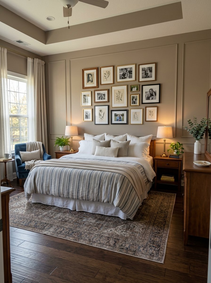 Neutral bedroom with a gallery wall of framed photos above a bed with blue and white striped blankets.