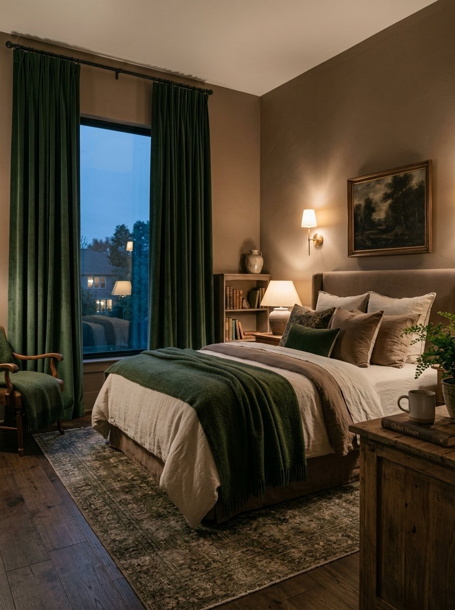 A warm bedroom with a made bed, forest green accents, and a large window looking out at dusk.