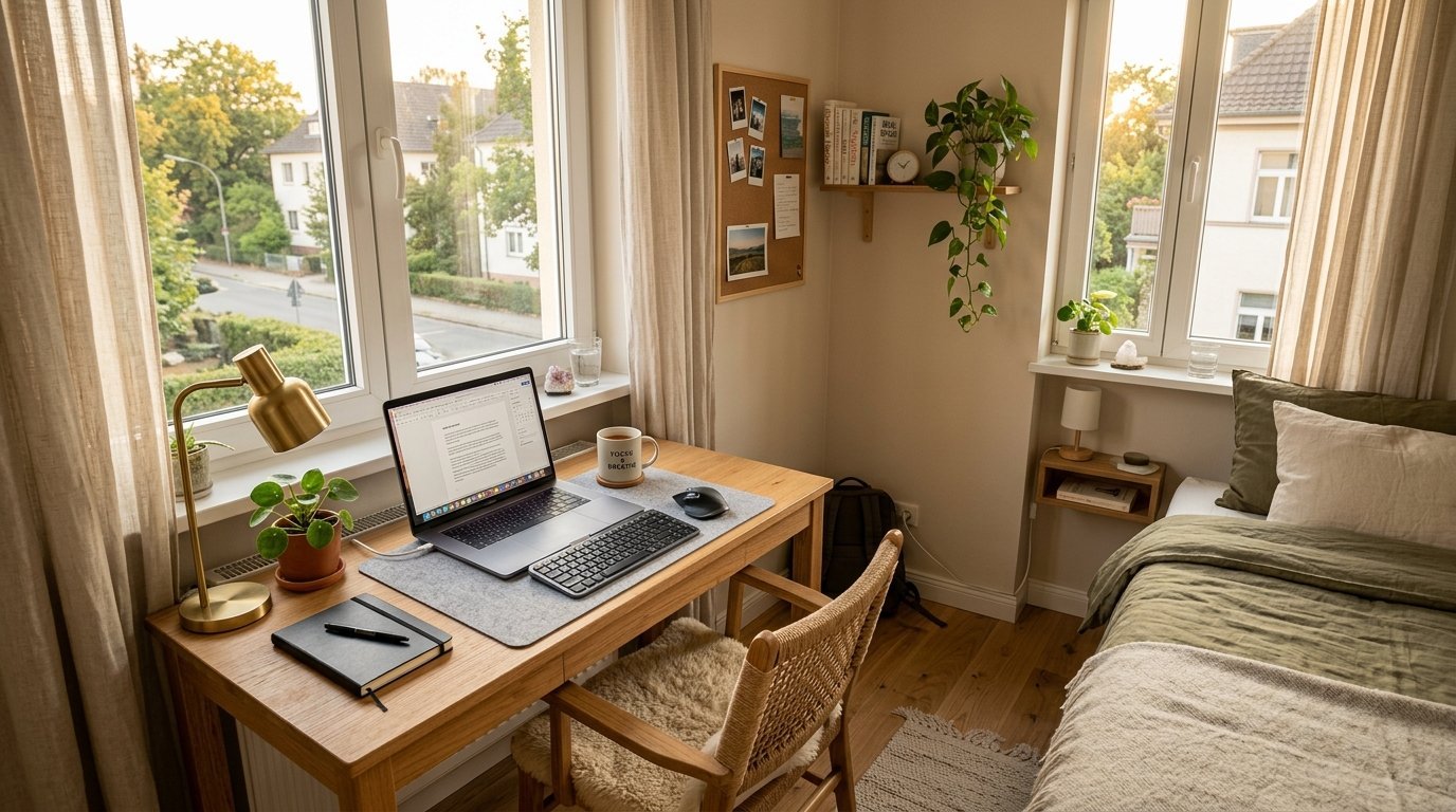 A tidy home office corner with a laptop on a wooden desk next to a bed in a bright bedroom.