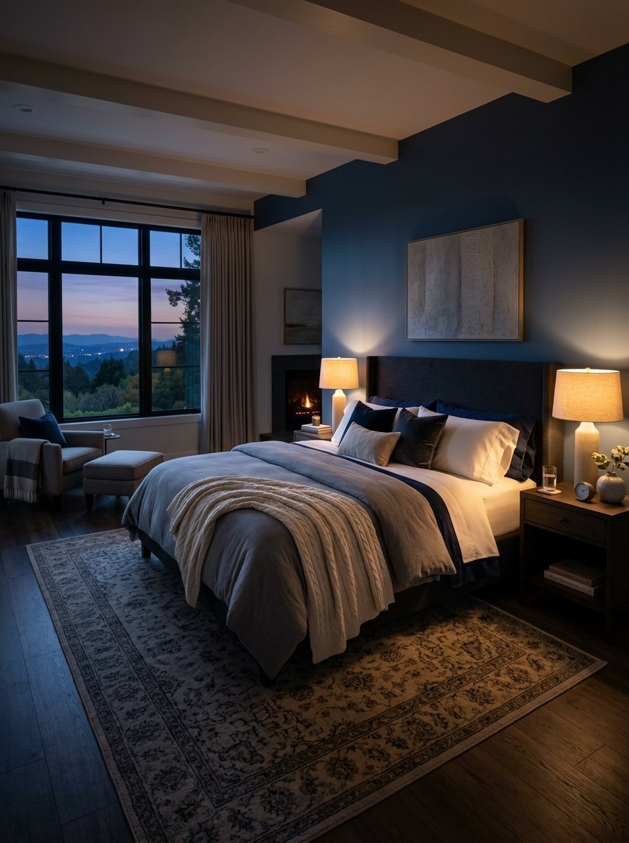 A dimly lit bedroom featuring a bed with layered blankets, a fireplace, and a sunset view over distant mountains.