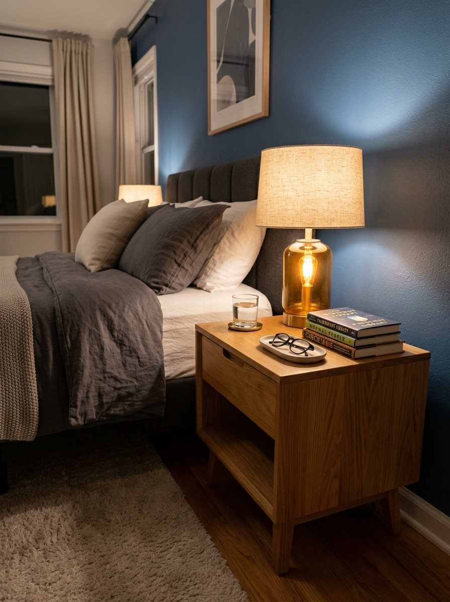 A modern wooden nightstand beside a bed featuring an illuminated glass lamp, a glass of water, and reading glasses.