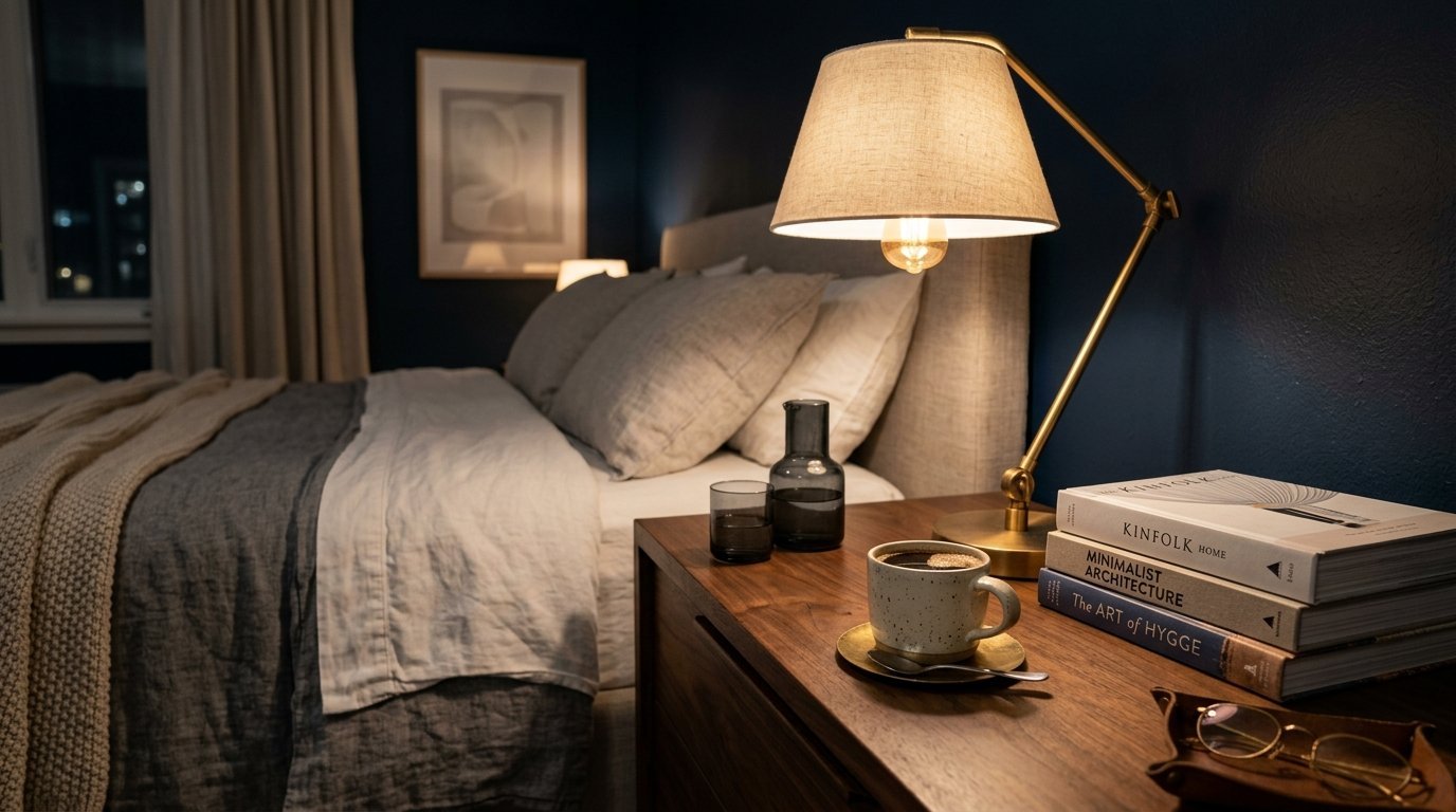 Close up of a wooden nightstand with a steaming coffee mug, a stack of books, and a lit brass desk lamp.