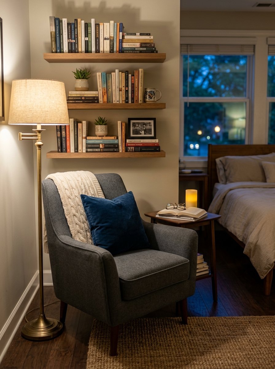 Dark grey reading chair with blue velvet pillow and knit throw under a brass floor lamp near wall shelves.