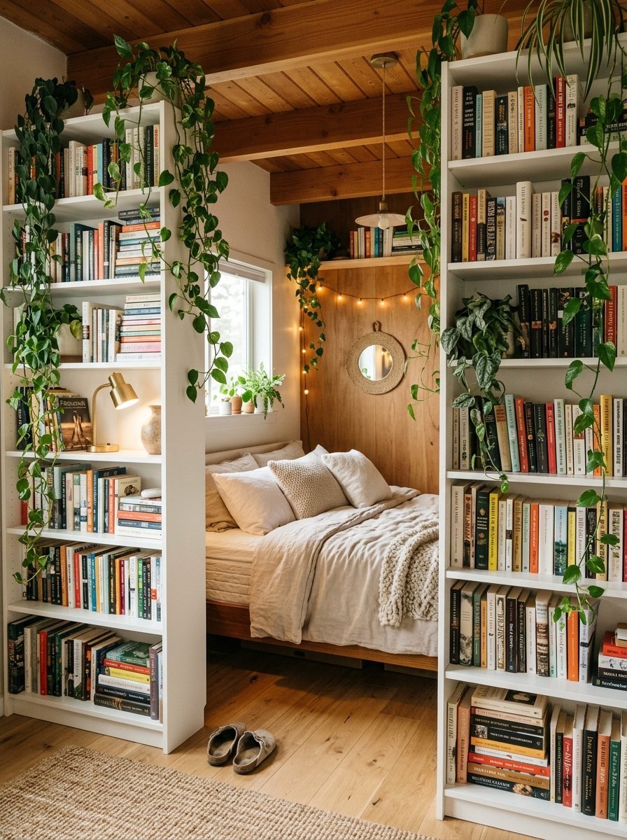 A bedroom space framed by two tall white shelves filled with books and trailing green plants.
