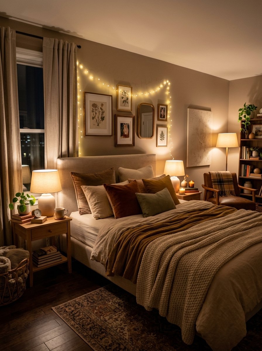 A beige upholstered bed with terracotta and sage pillows in a warm, dimly lit bedroom decorated with string lights.