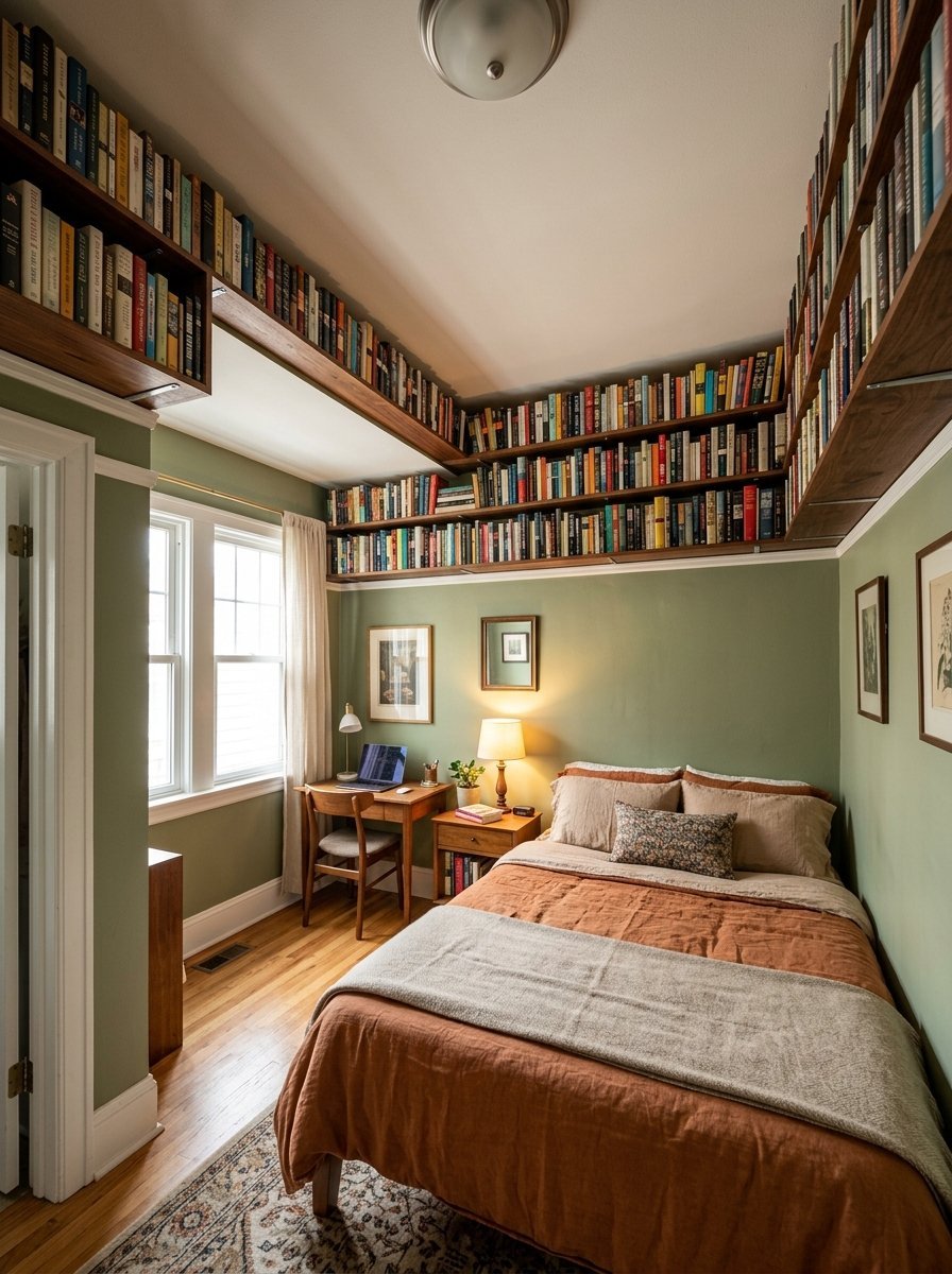 A bedroom with sage green walls, a bed with orange linens, and wooden shelves filled with books lining the ceiling.