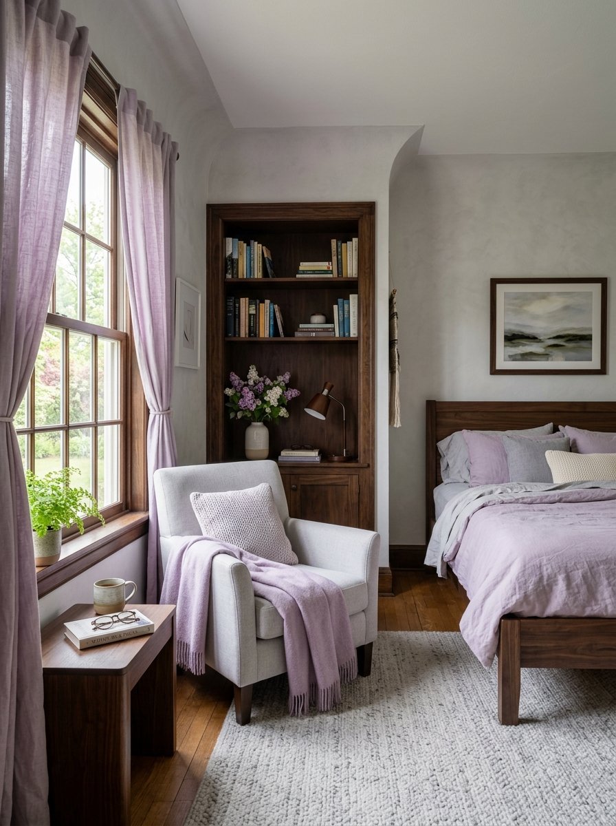 A bedroom with a linen armchair, lavender throw blanket, wooden bookshelf, and a bed with purple bedding.
