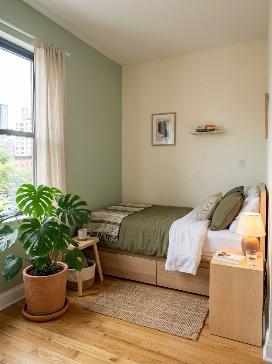 A small bedroom with a green accent wall, wooden bed frame, monstera plant, and light wood nightstand.