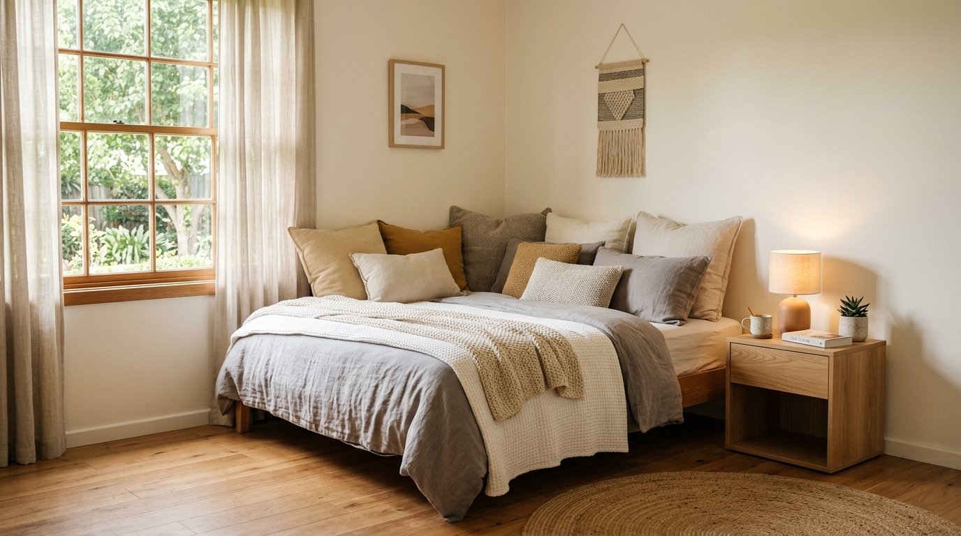 A bed with layered grey and tan bedding sits in a sunlight-filled room with a wooden nightstand and wall tapestry.