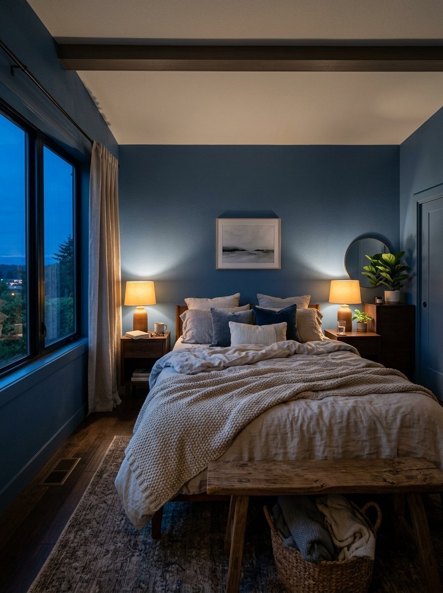 Cozy bedroom with blue walls, a textured blanket on the bed, two nightstand lamps, and a wooden bench at night.