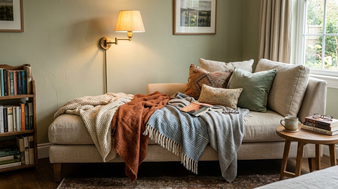 A beige chaise lounge with colorful throw blankets, pillows, and a book near a wall lamp and bookshelf.
