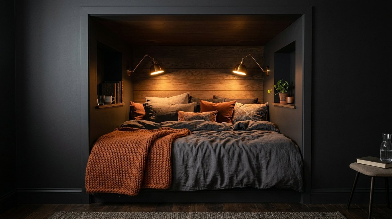 A recessed bed alcove with dark charcoal walls, wood paneling, amber throw blankets, and brass sconce lamps.