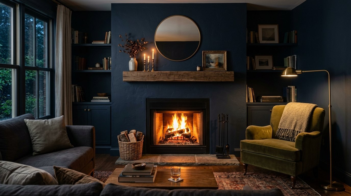 A rustic wood mantle above a lit fireplace with built-in bookshelves and an olive green armchair.