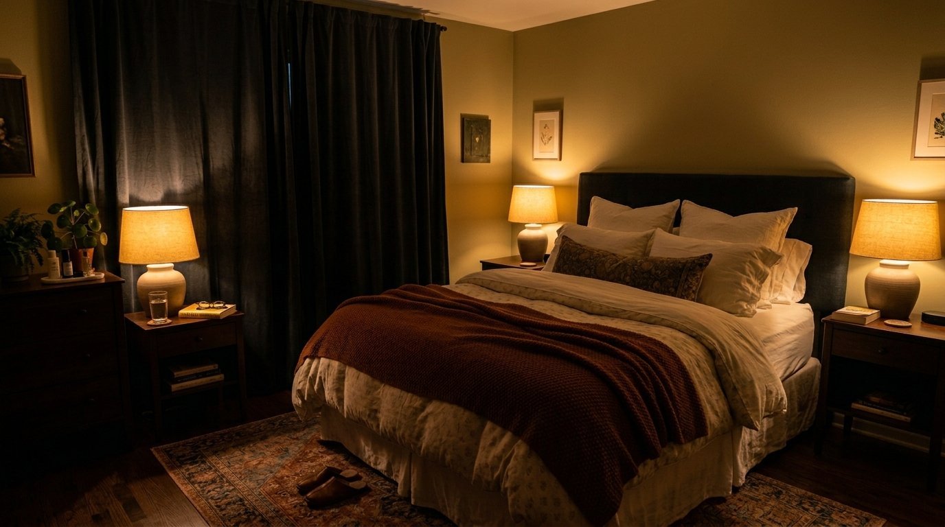A dark, inviting bedroom with a made bed, rust-colored throw blanket, and matching side table lamps.