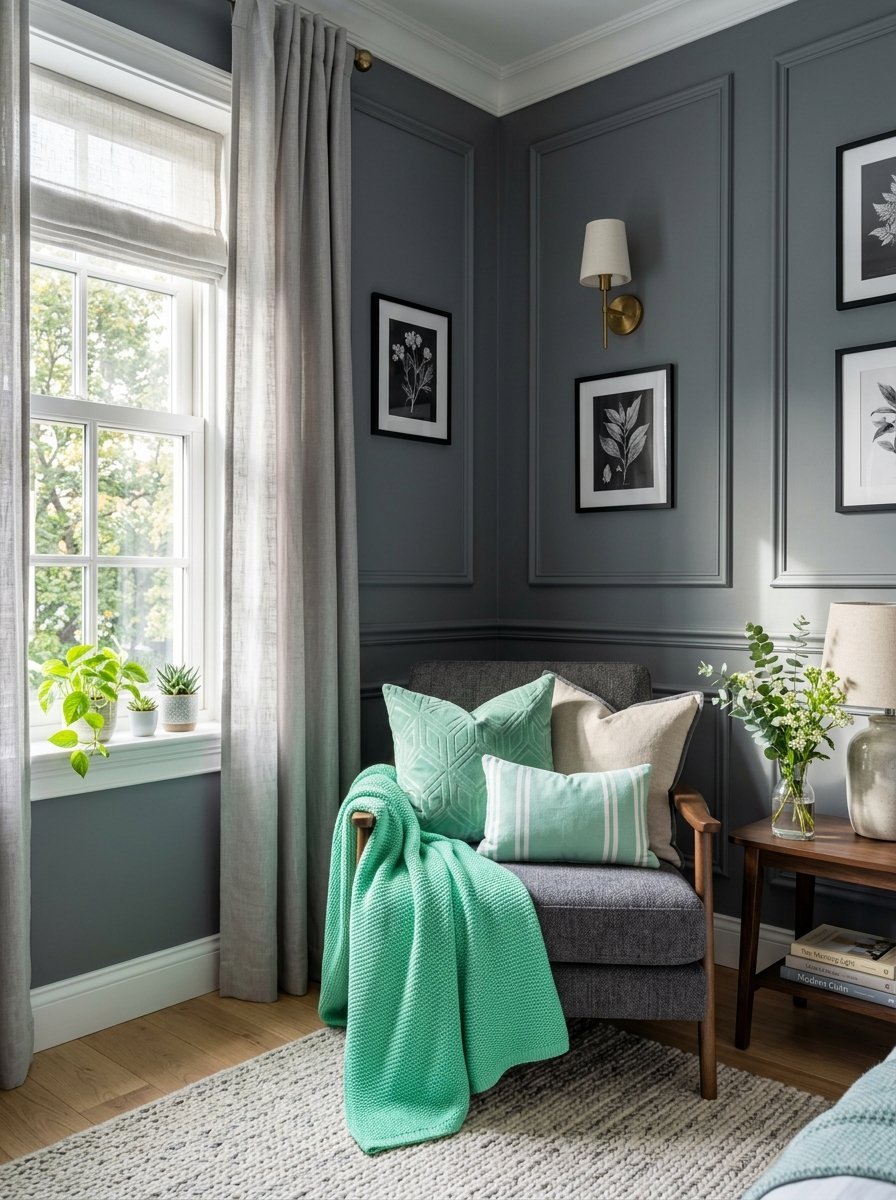 An upholstered armchair in a dark gray room featuring mint green textiles and framed botanical art on the walls.