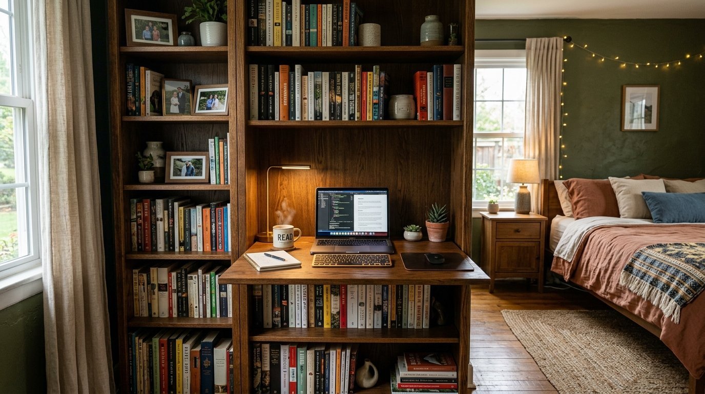 A desk with a laptop and steaming coffee mug built into a bookshelf in a bedroom with terracotta bedding.