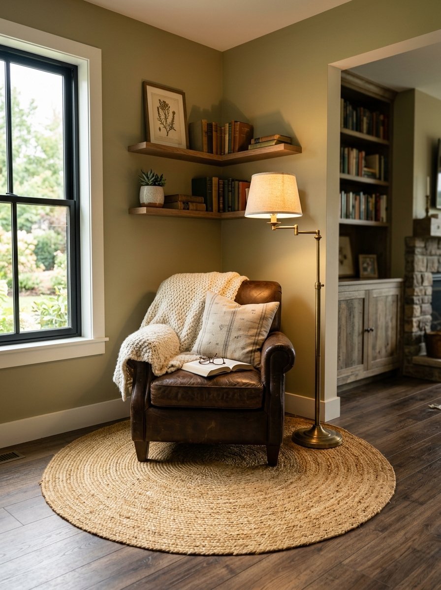 A brown leather armchair with a knit throw blanket in a corner, featuring floating shelves and a brass floor lamp.