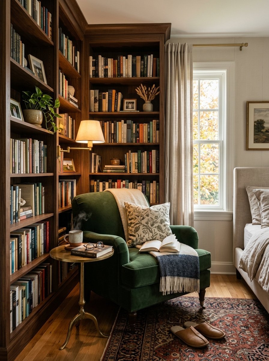 Dark wood shelves packed with books surround a velvet reading chair in a sunlit corner with a steaming mug.