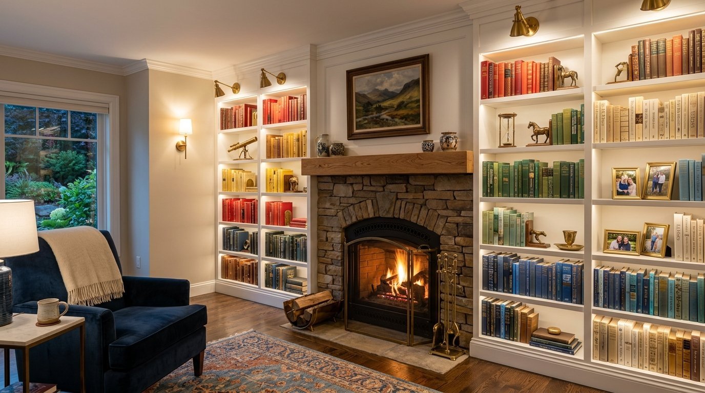 Blue armchair sits near a fireplace flanked by bookshelves with color-coordinated books and framed family photos.