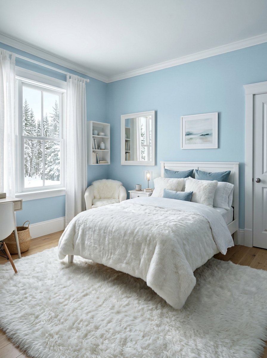 Bright, light blue bedroom with a white bed, fluffy rug, and snowy forest view outside the window.