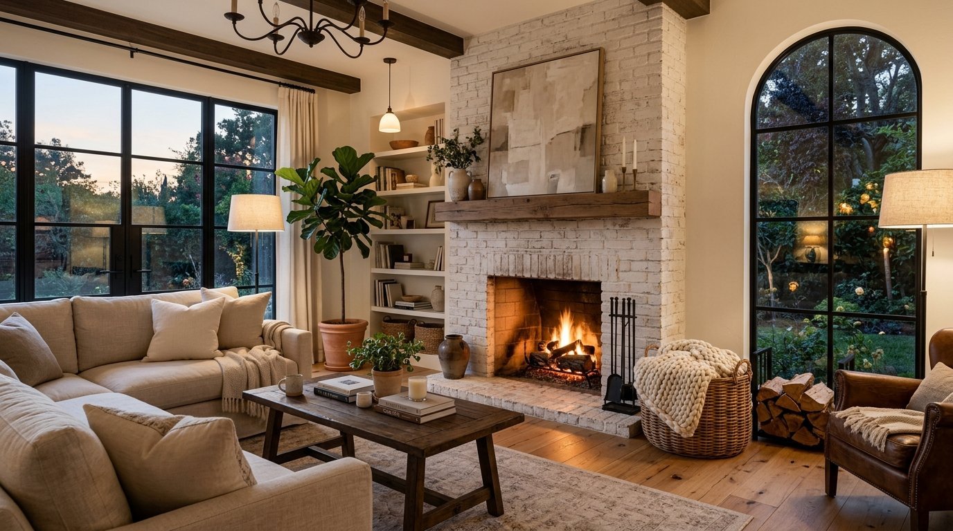 A beige sectional sofa and leather chair surround a wooden coffee table in a room with a large stone hearth.