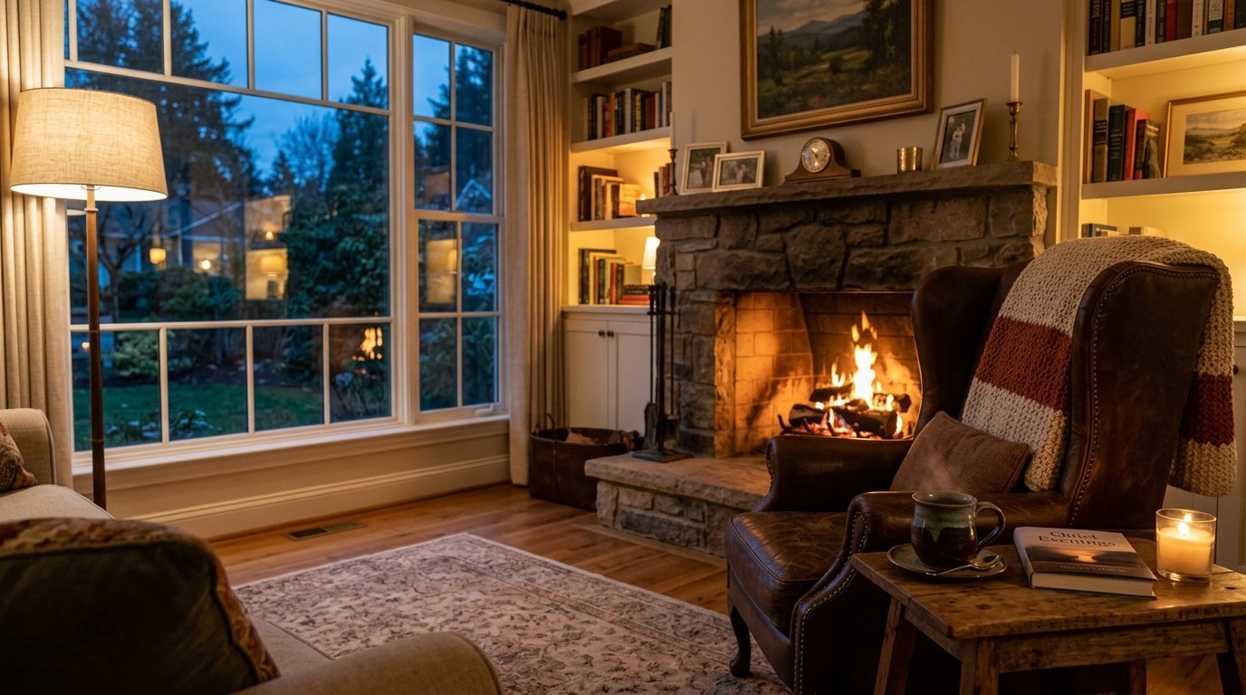 Leather chair with a knit blanket faces a burning fireplace in a dimly lit living room with large windows.