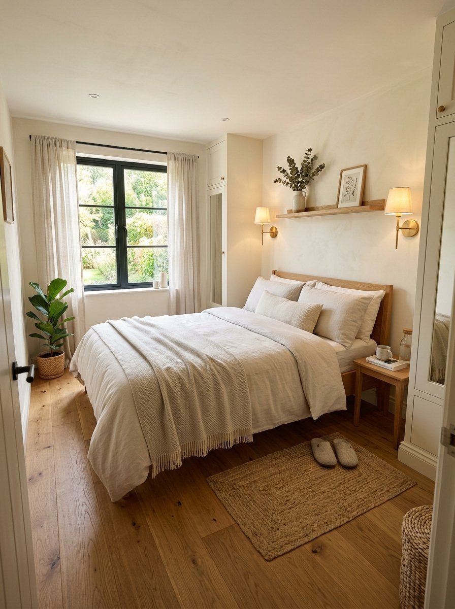 Neutral bedroom with light wood floors, a beige bed, and wall sconces.