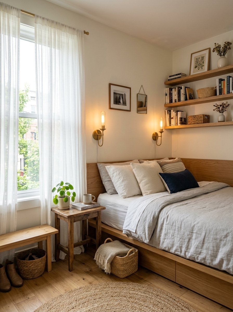 Cozy bedroom with a wooden bed frame, wall shelves, and glowing brass sconces beside a sheer window.