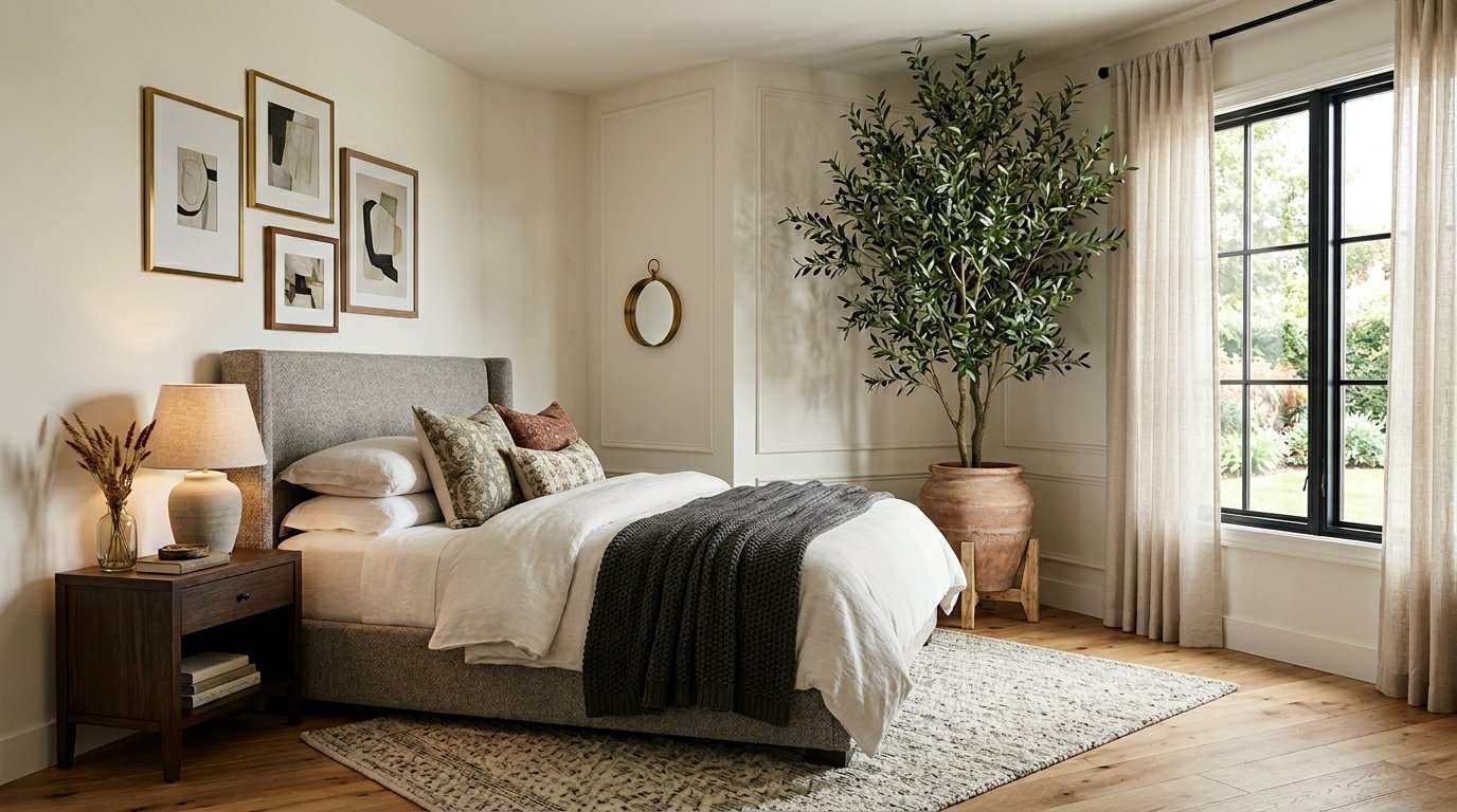 Neutral bedroom with grey upholstered bed, dark wood nightstand, and a large potted olive tree by the window.