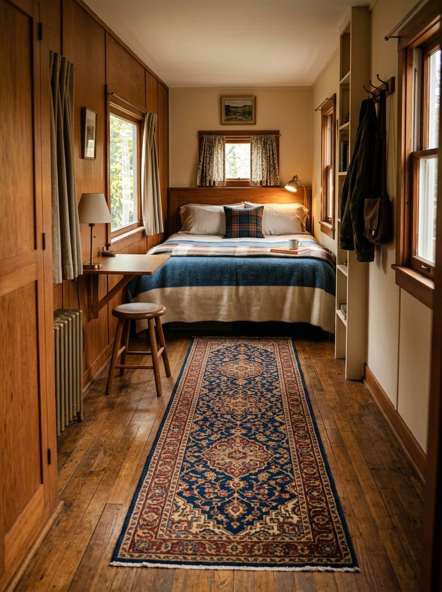A rustic, wood-paneled bedroom with a queen bed, blue rug, and a small writing desk with a stool.