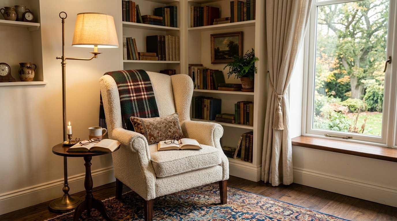Cream textured armchair with a plaid throw blanket and open books in a room with bookshelves and a window.