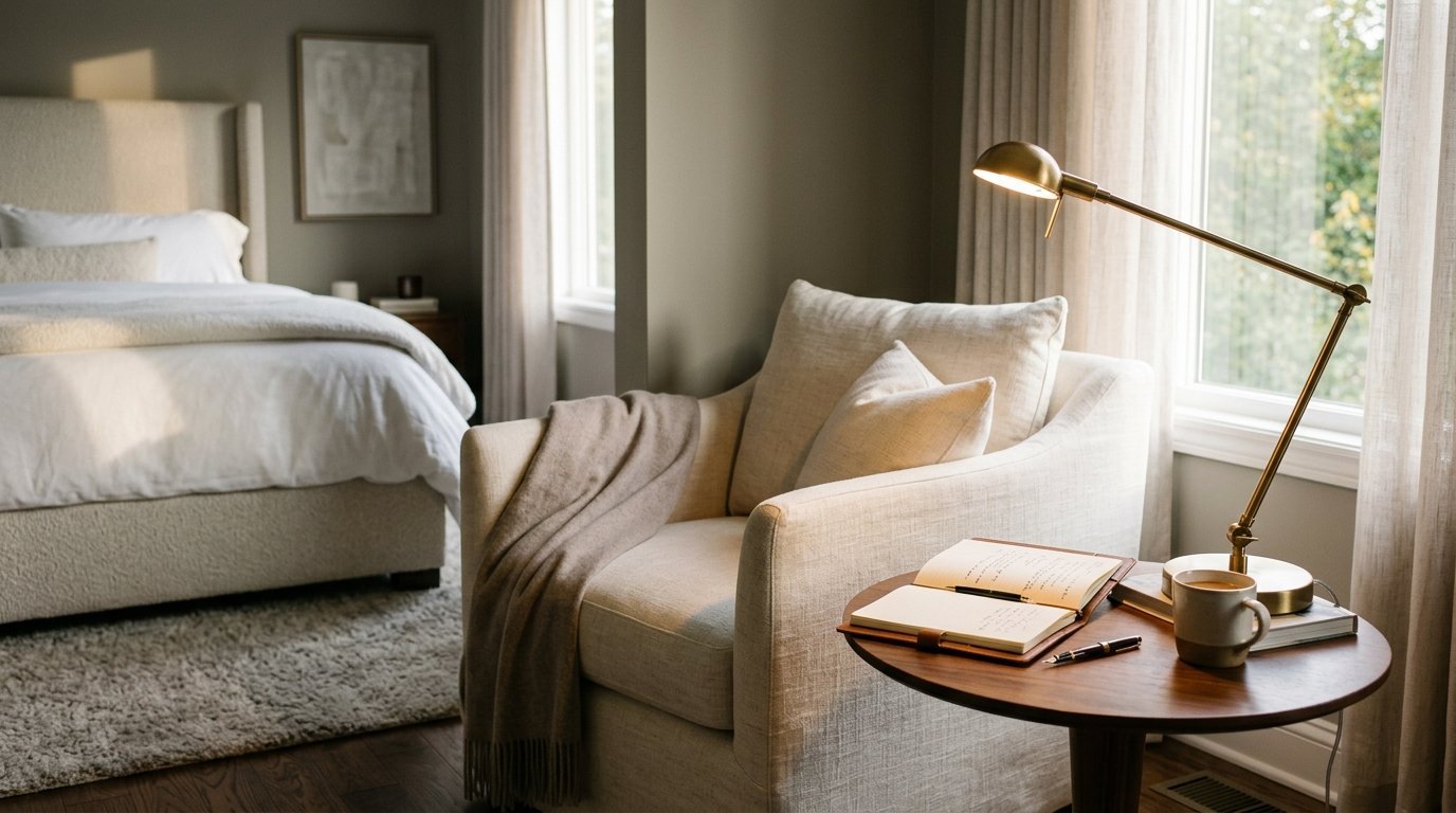 A beige armchair with a throw blanket beside a small round table, a lamp, an open journal, and a coffee mug.