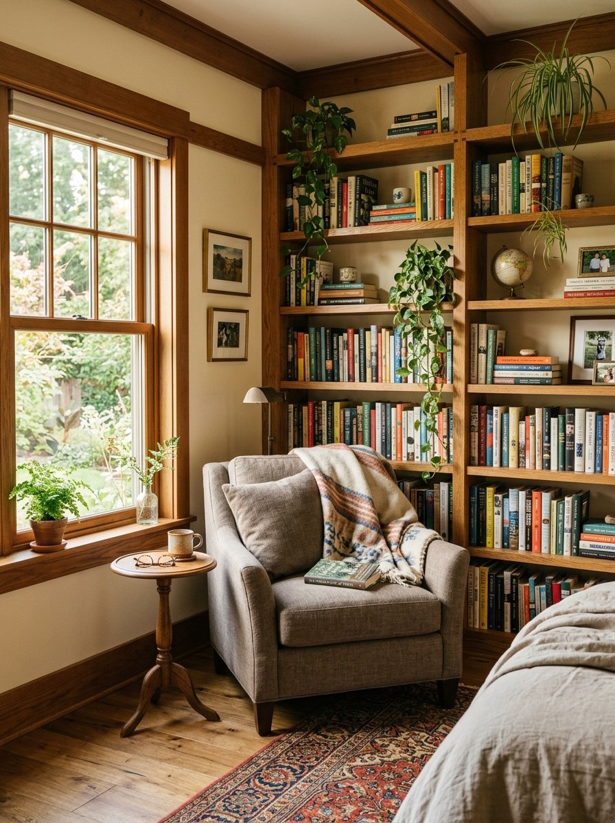 Grey upholstered armchair with a patterned throw blanket next to floor-to-ceiling wooden bookshelves filled with books.