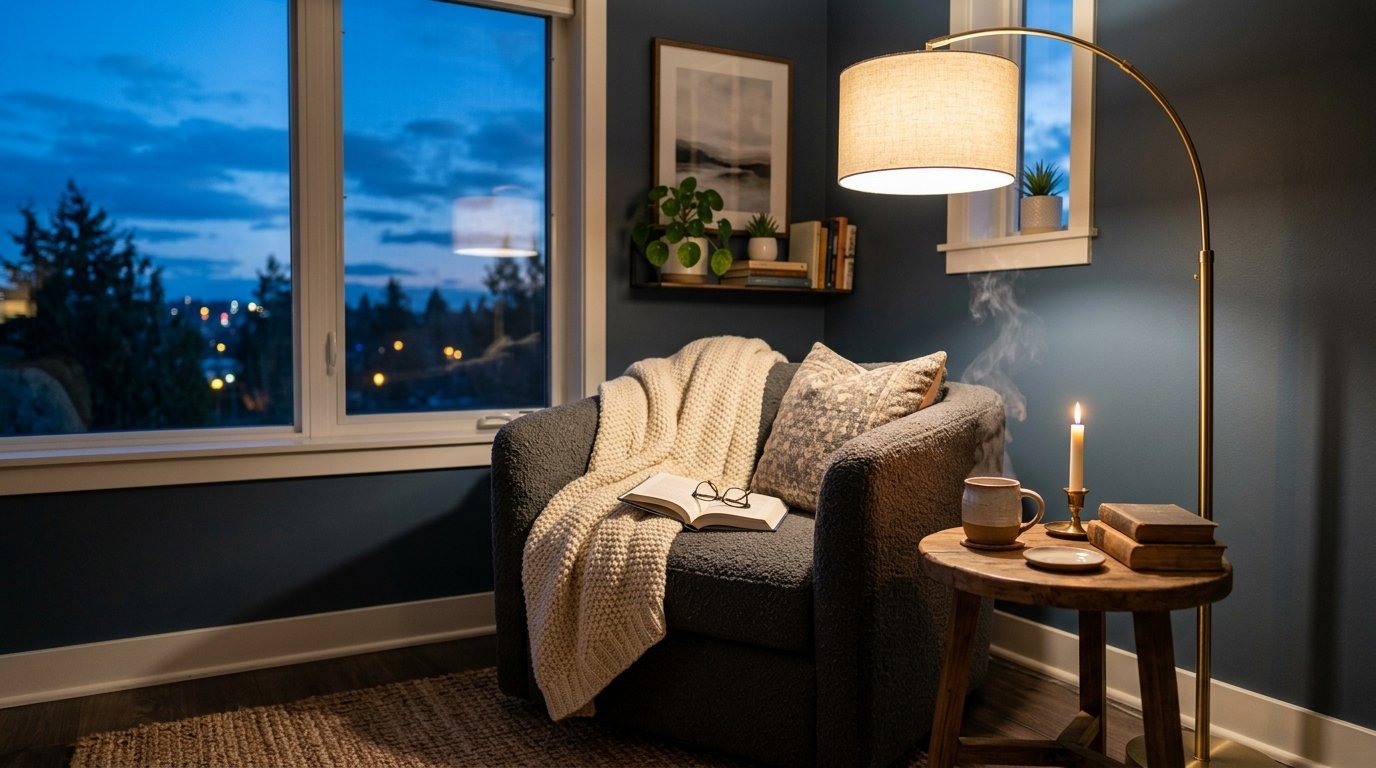 A dark armchair with a knit blanket and open book sits by a window at dusk next to a lit floor lamp and side table.