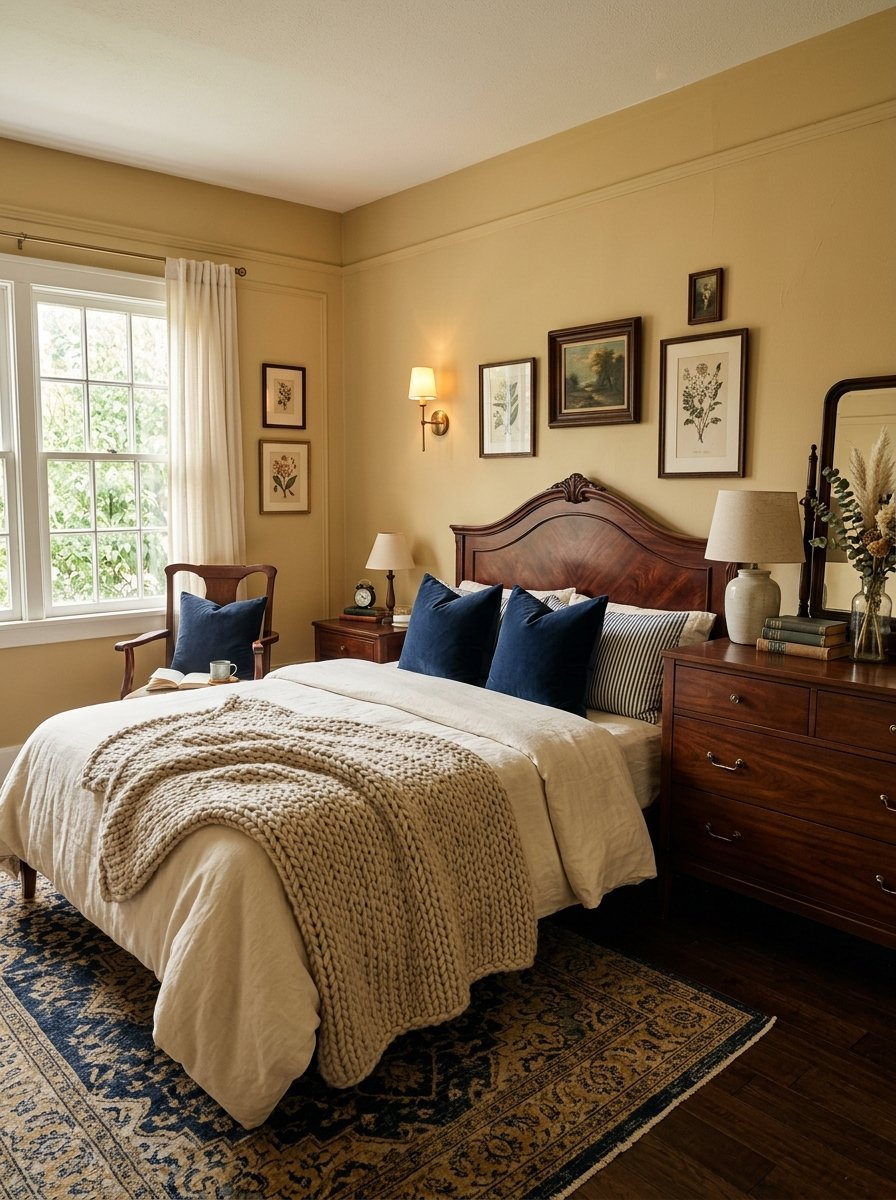Traditional bedroom with a knitted blanket on a bed, dark wood dresser, and framed botanical wall art.