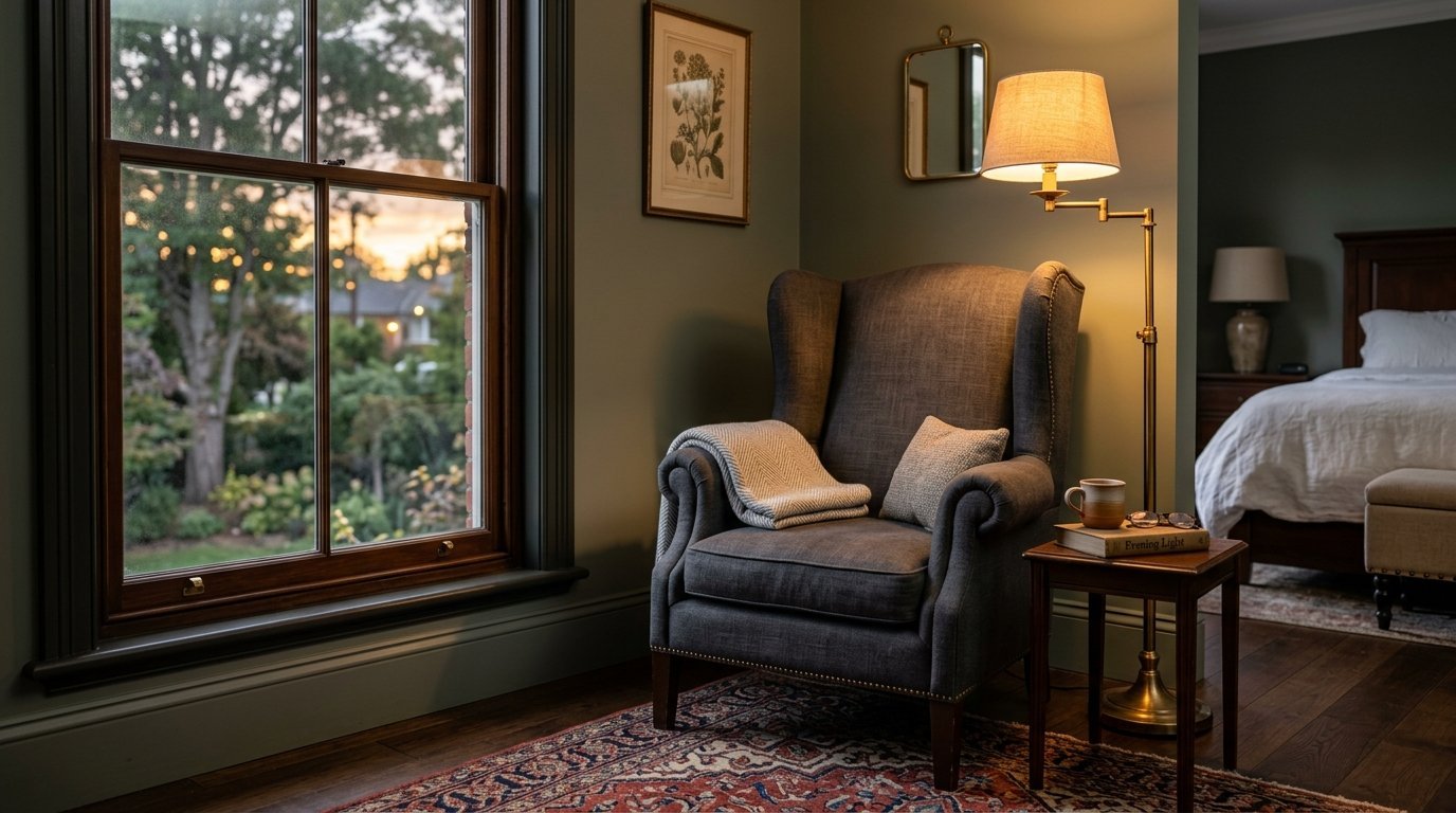 Dark grey wingback armchair with a throw blanket and lamp in a bedroom with sage walls and a view of sunset.