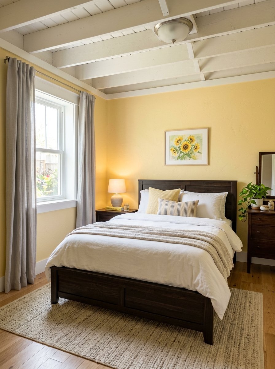 Sunny bedroom with yellow walls, dark wood bed frame, and neutral grey curtains.
