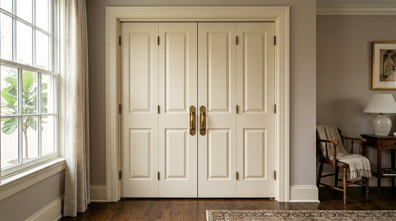 Close-up of a pair of tall, cream-colored bifold closet doors featuring ornate metal pulls.