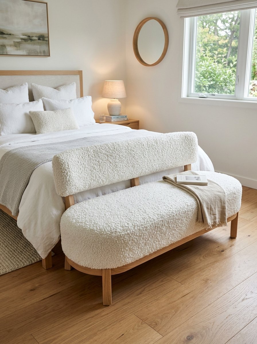A textured cream fabric bench with a wooden base positioned at the foot of a cozy white bed.