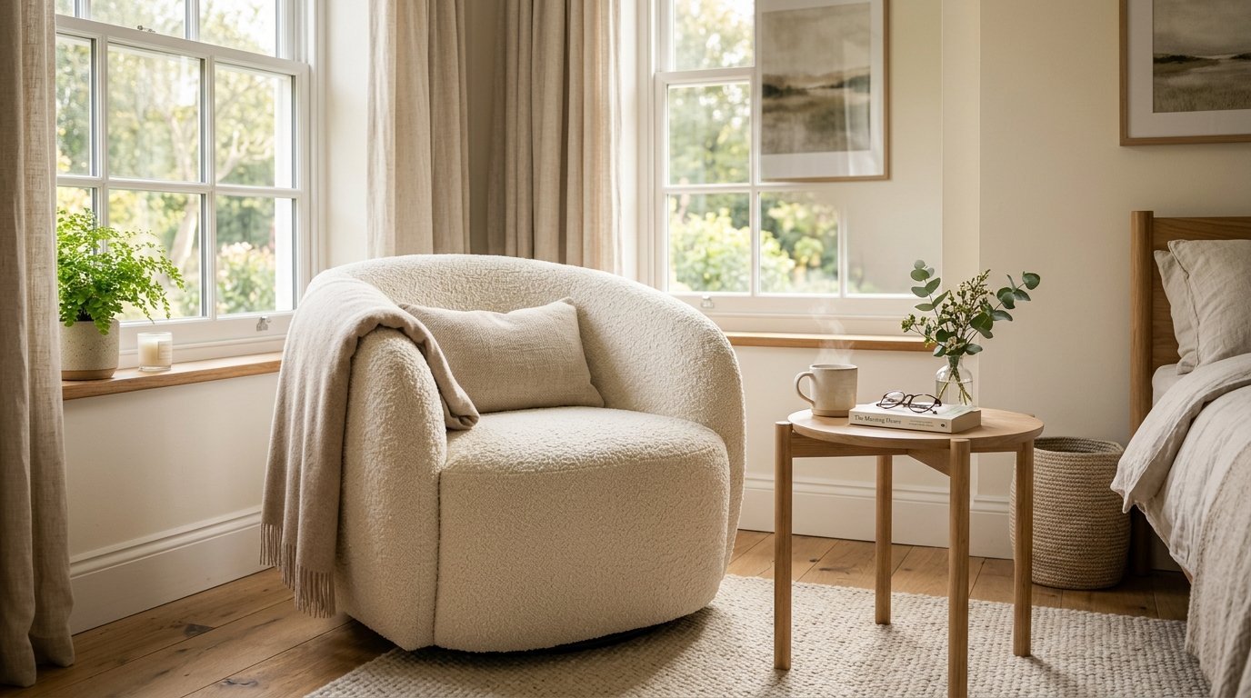 Round white textured chair with a throw blanket next to a wooden side table and windows.