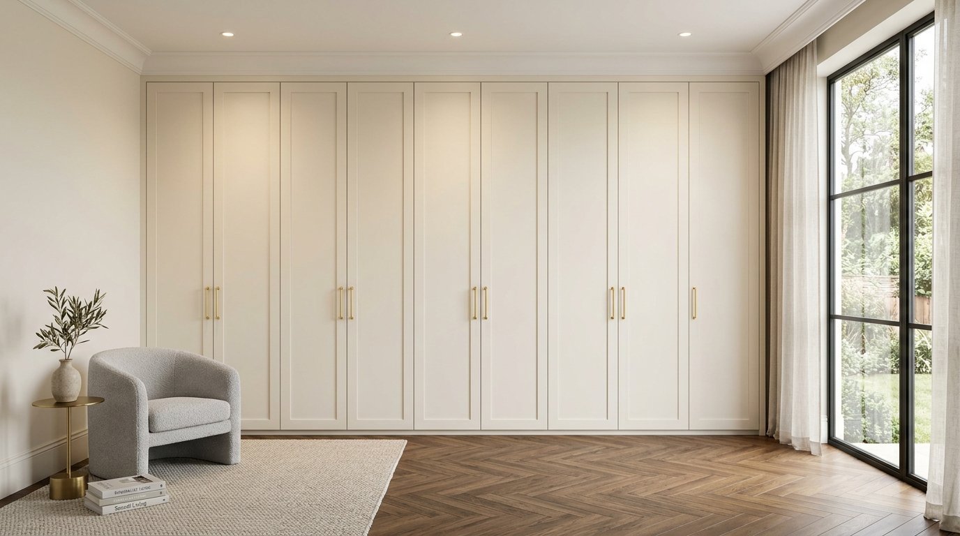 Full wall cream colored cabinets with shaker style doors and gold vertical handles beside a modern grey armchair.