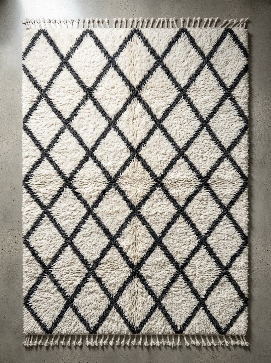 Top-down view of a thick, off-white rug with a dark geometric lattice pattern and tasseled edges.