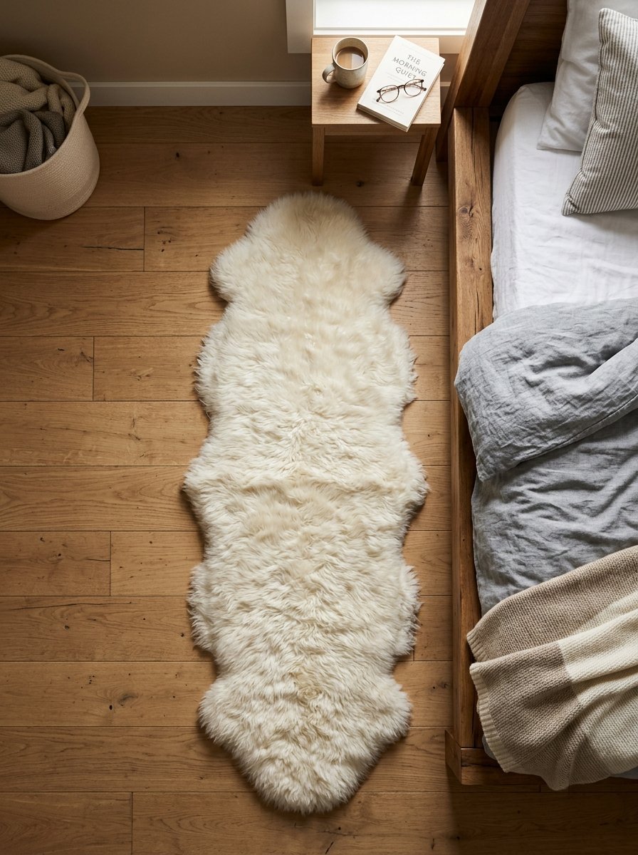 A soft, off-white sheepskin rug laying on hardwood bedroom flooring next to a wooden bed frame.