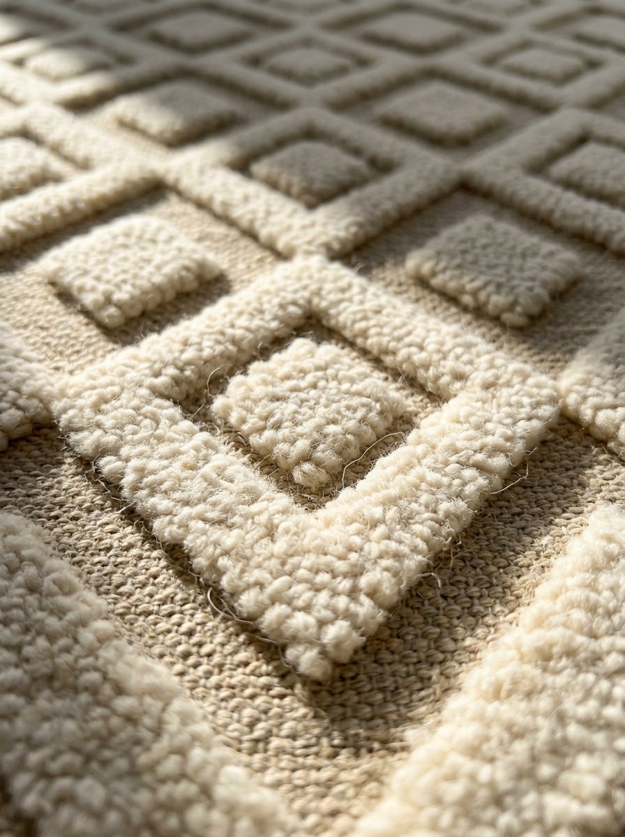 High angle detail of a textured cream rug featuring raised tufted square borders on a flat woven base.