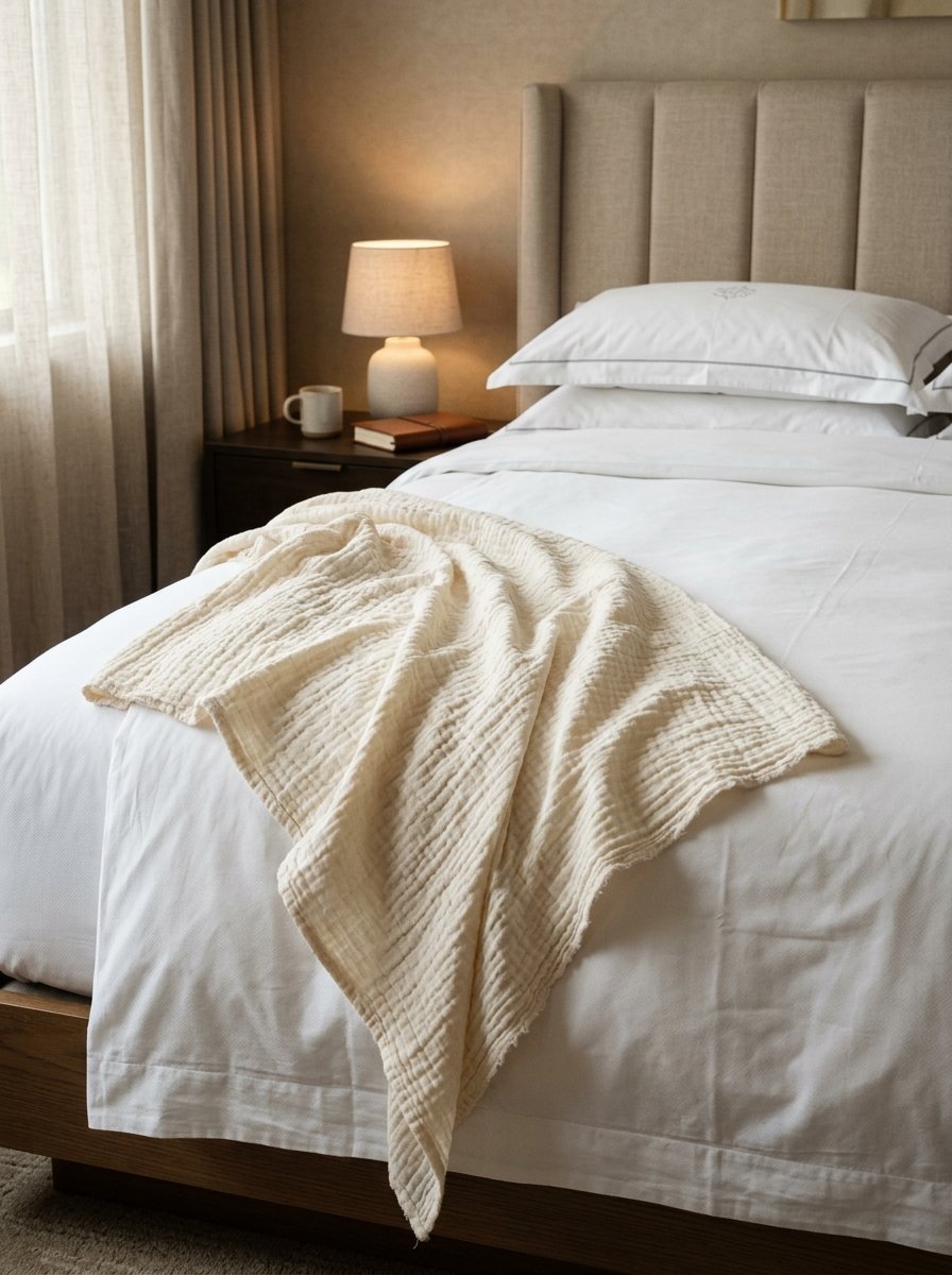 Soft cream cotton muslin blanket resting on a neatly made bed with white linens and a beige headboard.